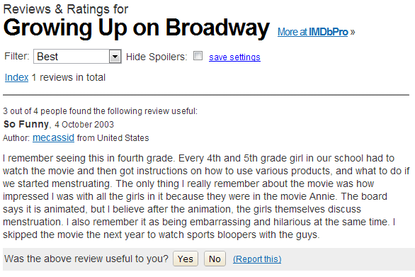 IMDB Review of Growing Up on  Broadway