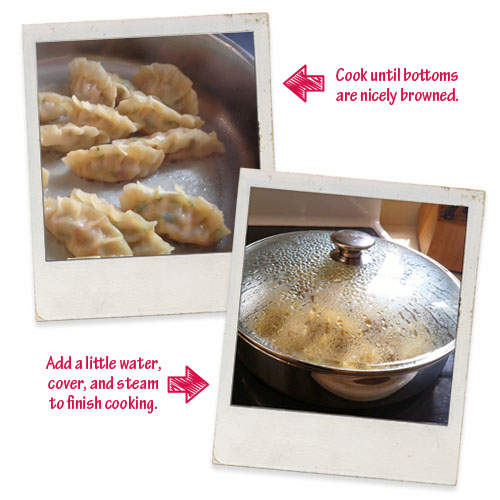 Brown pizza gyoza, then steam it to finish cooking.