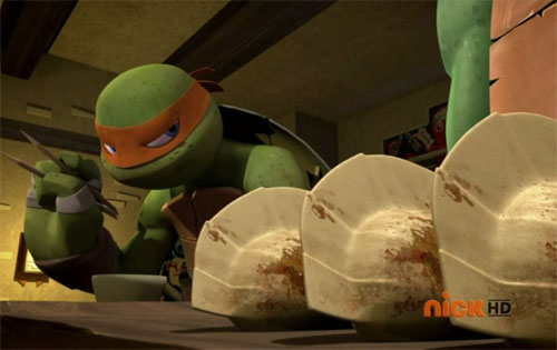 Michelangelo steals Leo's pizza gyoza.