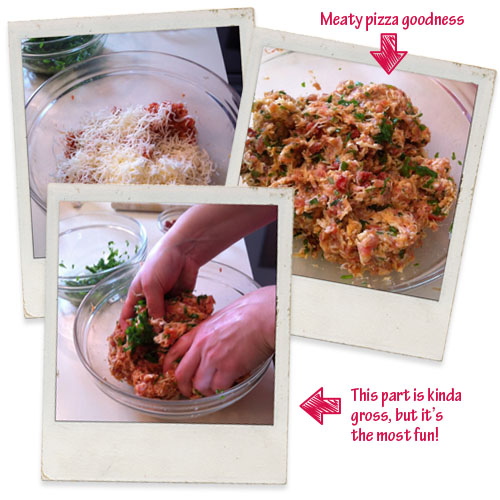 Mix the filling for pizza gyoza by hand!